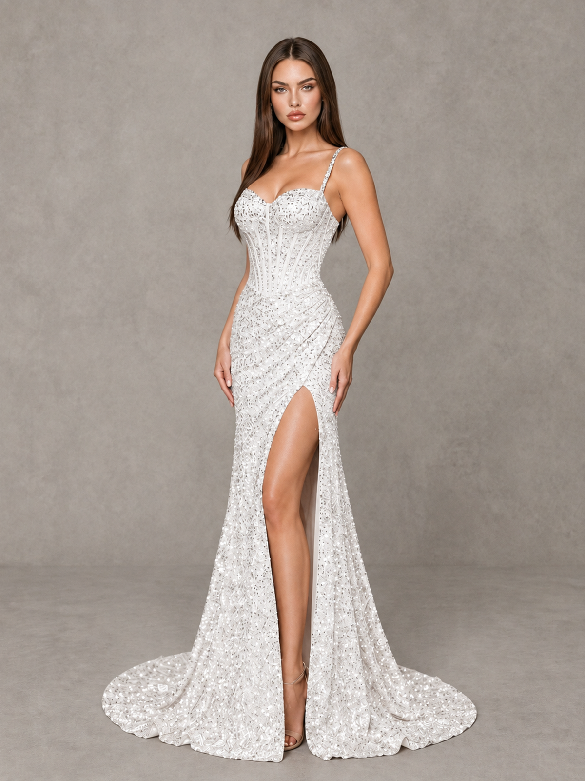 BOLODOO White Sequin Corset Evening Gown with High Slit - White - White_3