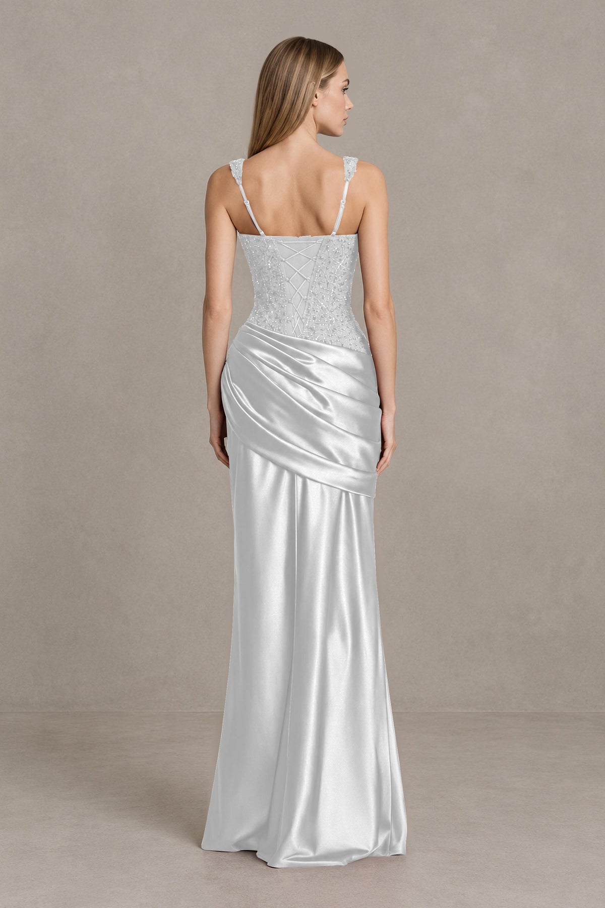 BOLODOO White Square Neck Embellished Satin Evening Gown - White