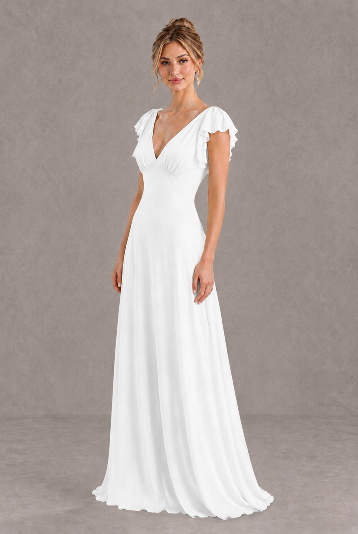 BOLODOO White V-Neck Flutter Sleeve A-Line Bridesmaid Dress - White - White_3