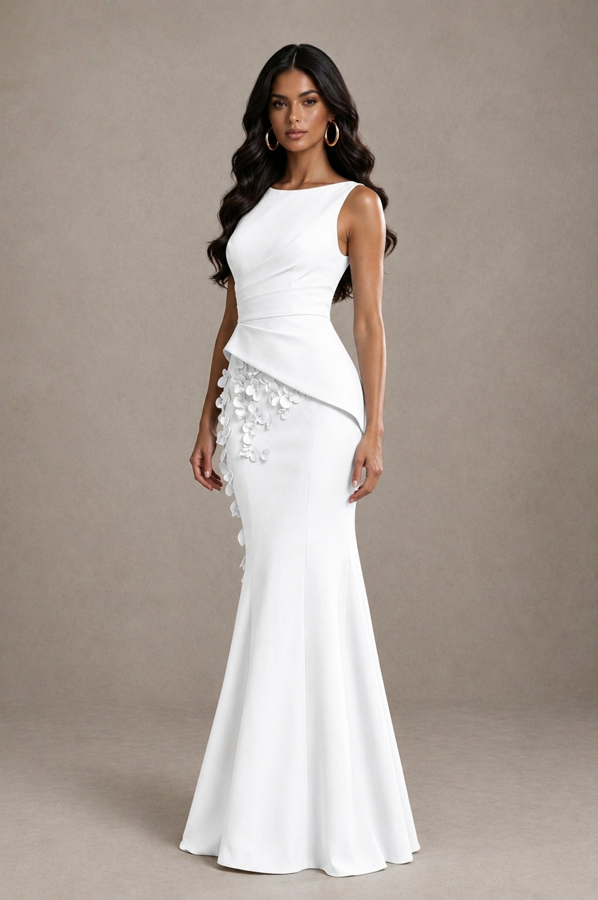 BOLODOO White Bateau Neck Sleeveless Asymmetric Peplum 3D Petal Appliqué Mermaid Gown BD0421 - White - White_3