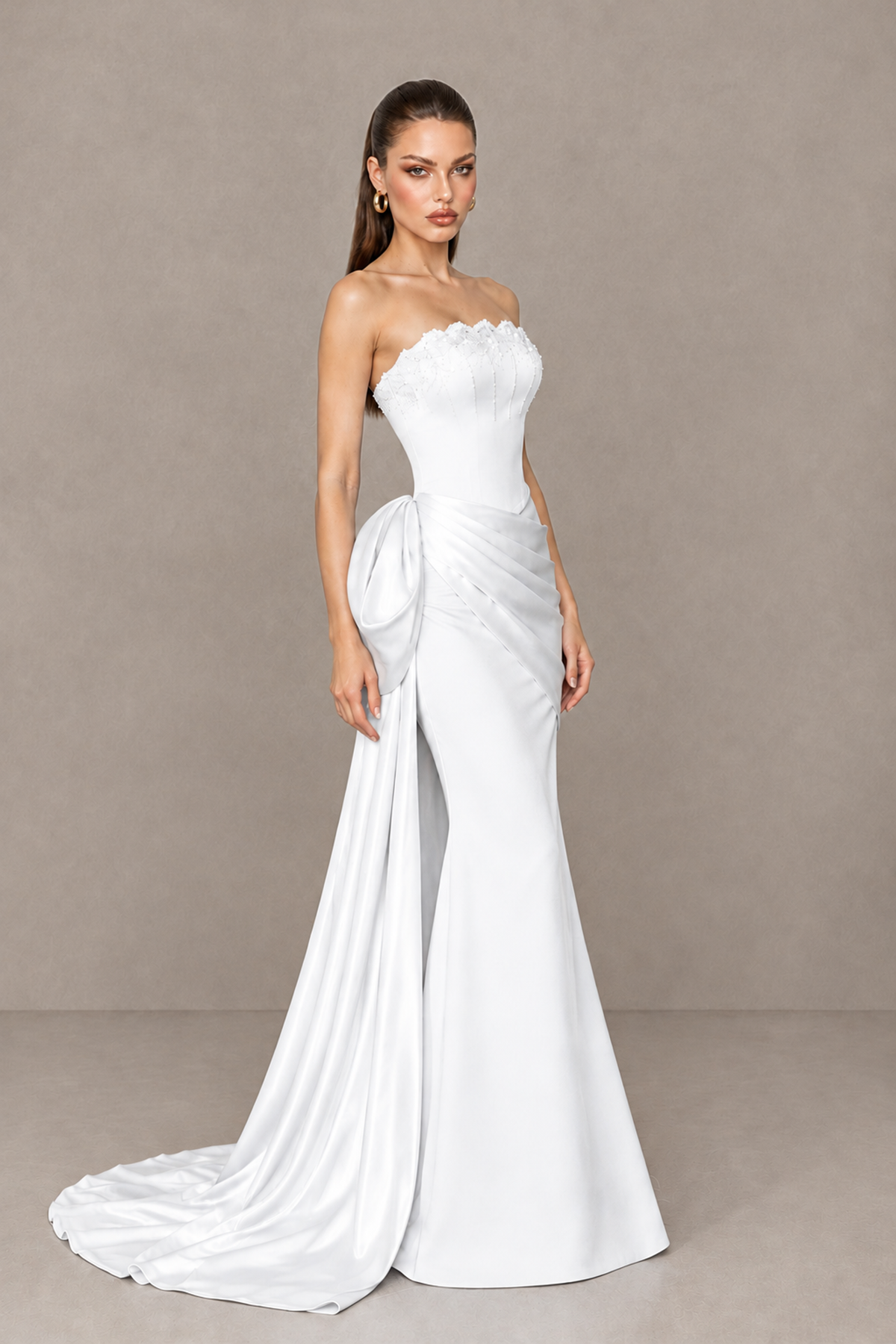 BOLODOO White Strapless Satin Prom Dress with Draped Side Train - White - White_3
