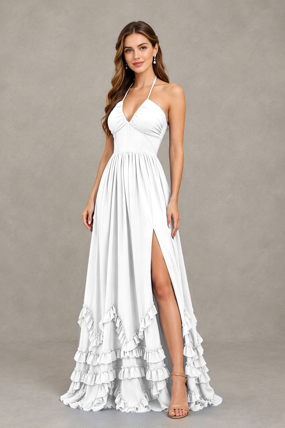 BOLODOO White Halter Ruffle Hem A-Line Bridesmaid Dress with High Slit - White - White(3)