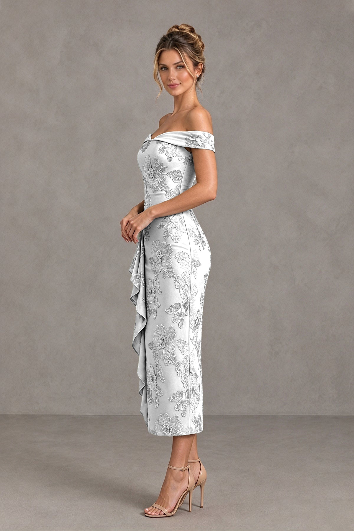 BOLODOO White Off Shoulder Floral Jacquard Midi Dress - White - White(3)