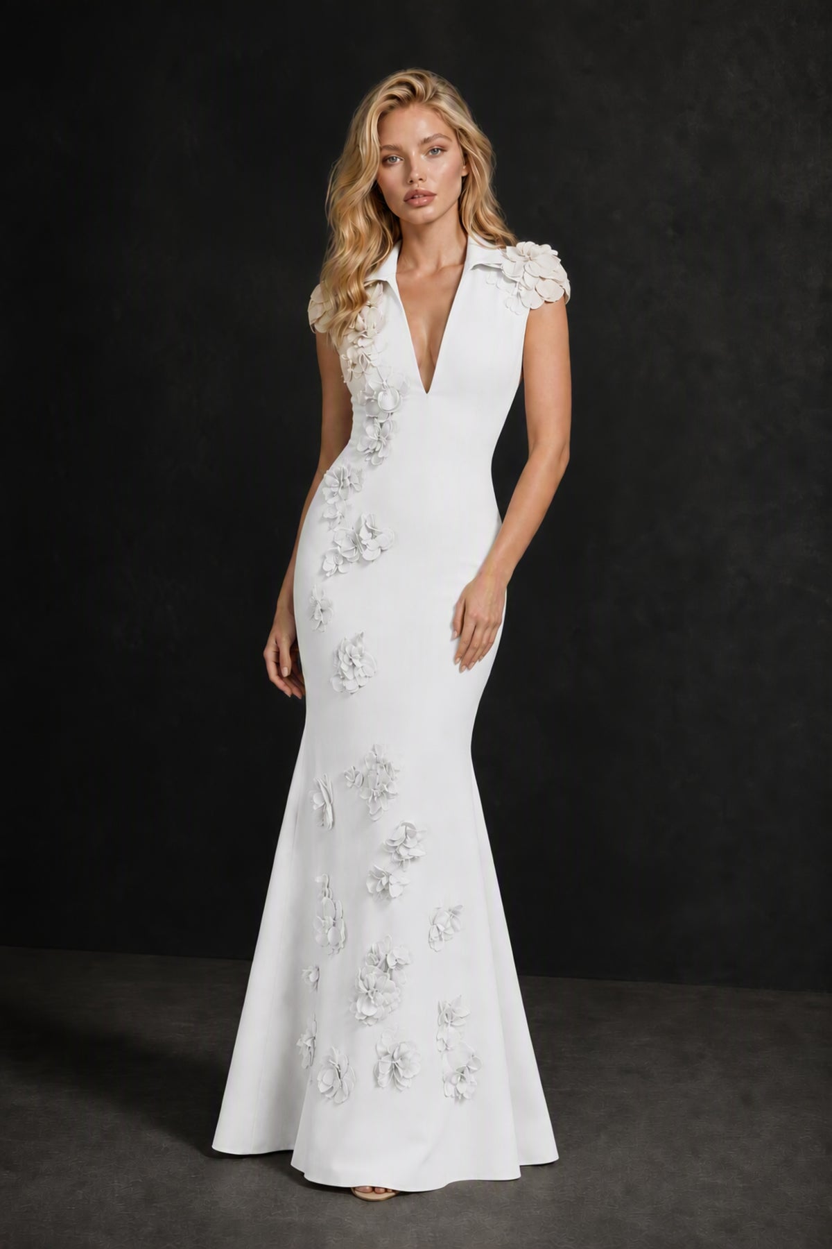 BOLODOO White 3D Floral Appliqué Deep V-Neck Cap Sleeve Mermaid Gown - White