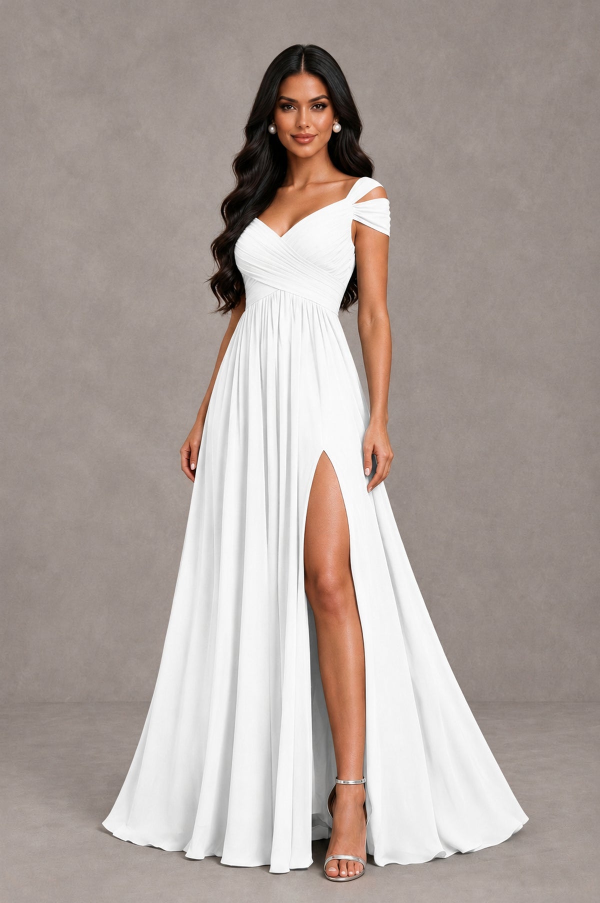 BOLODOO White Cold Shoulder Chiffon Evening Dress with V Neck and High Slit - White - White_3
