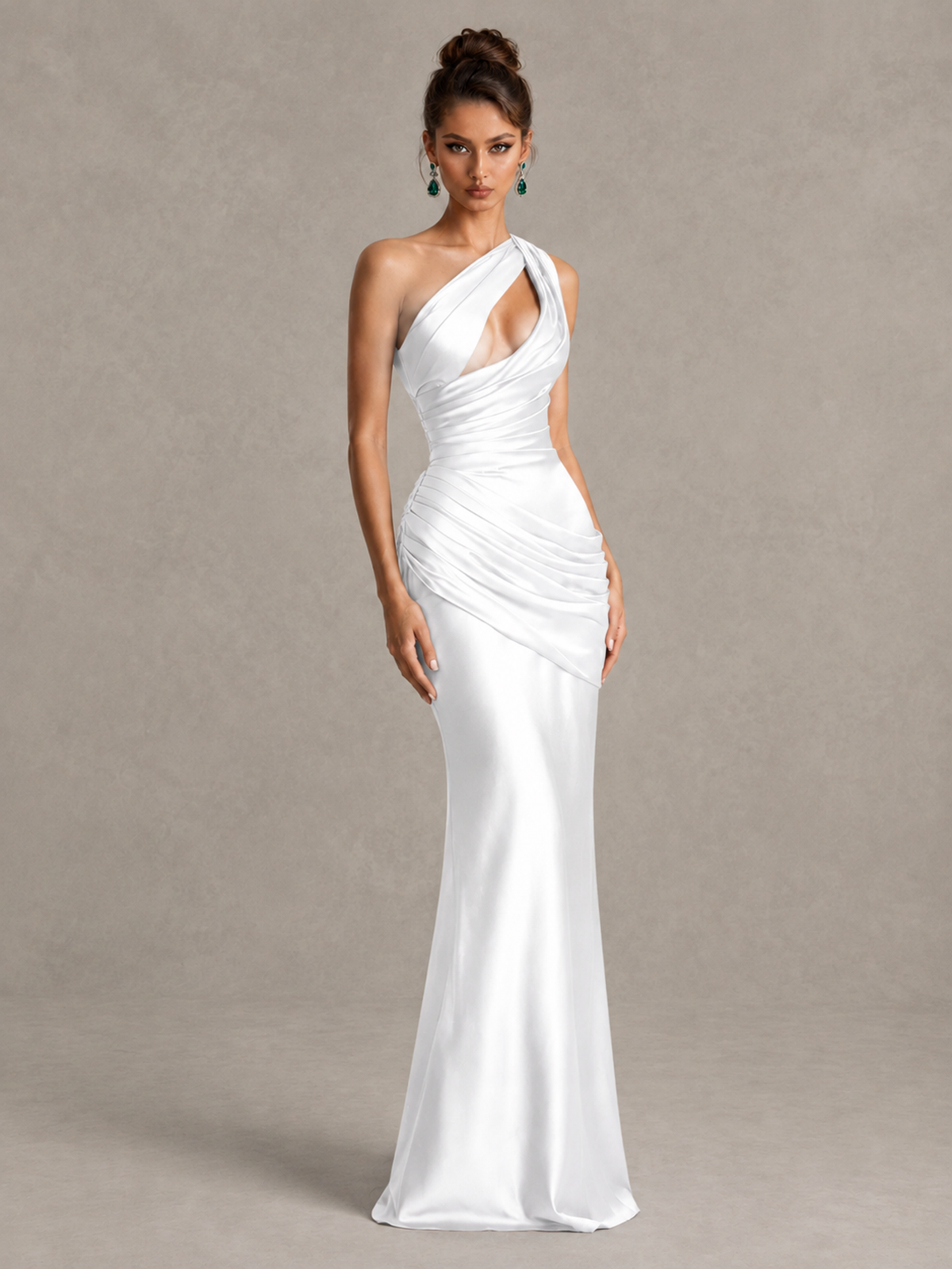 BOLODOO White One-Shoulder Cutout Satin Mermaid Prom Dress - White - White_3