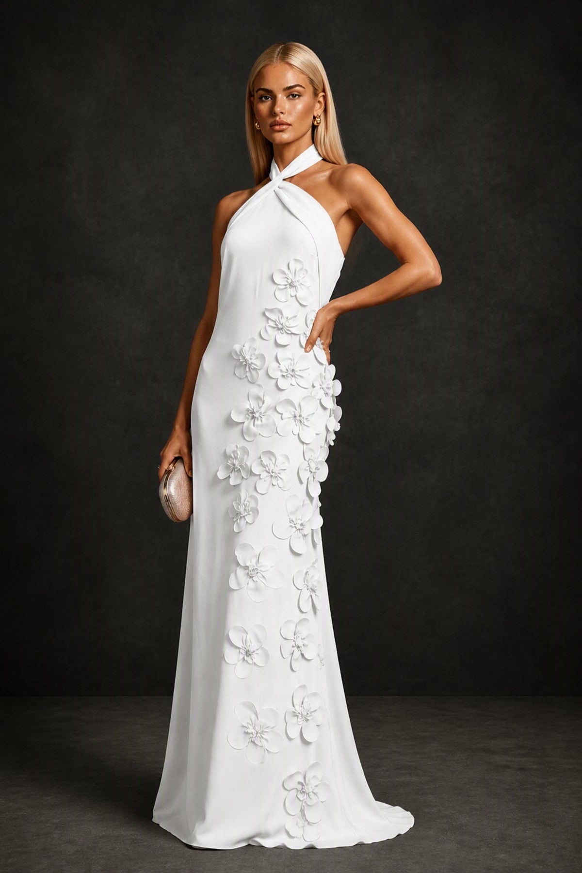 BOLODOO White Cross Halter Neck 3D Floral Appliqué Backless Mermaid Maxi Gown - White
