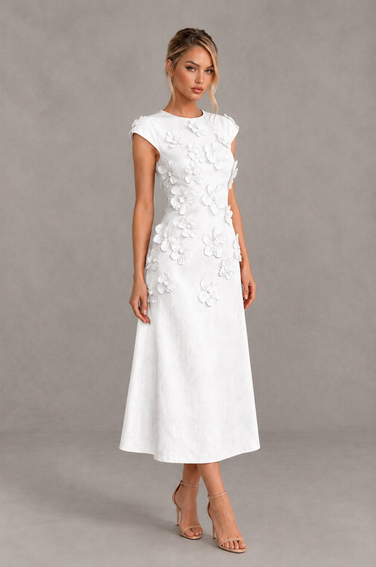 BOLODOO White 3D Floral Cap Sleeve Midi Cocktail Dress - White - White_4