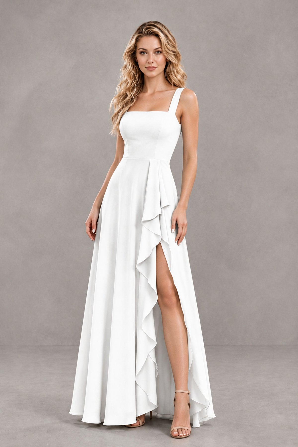BOLODOO White Square Neck Ruffle A-Line Bridesmaid Dress with Slit - White - White_4