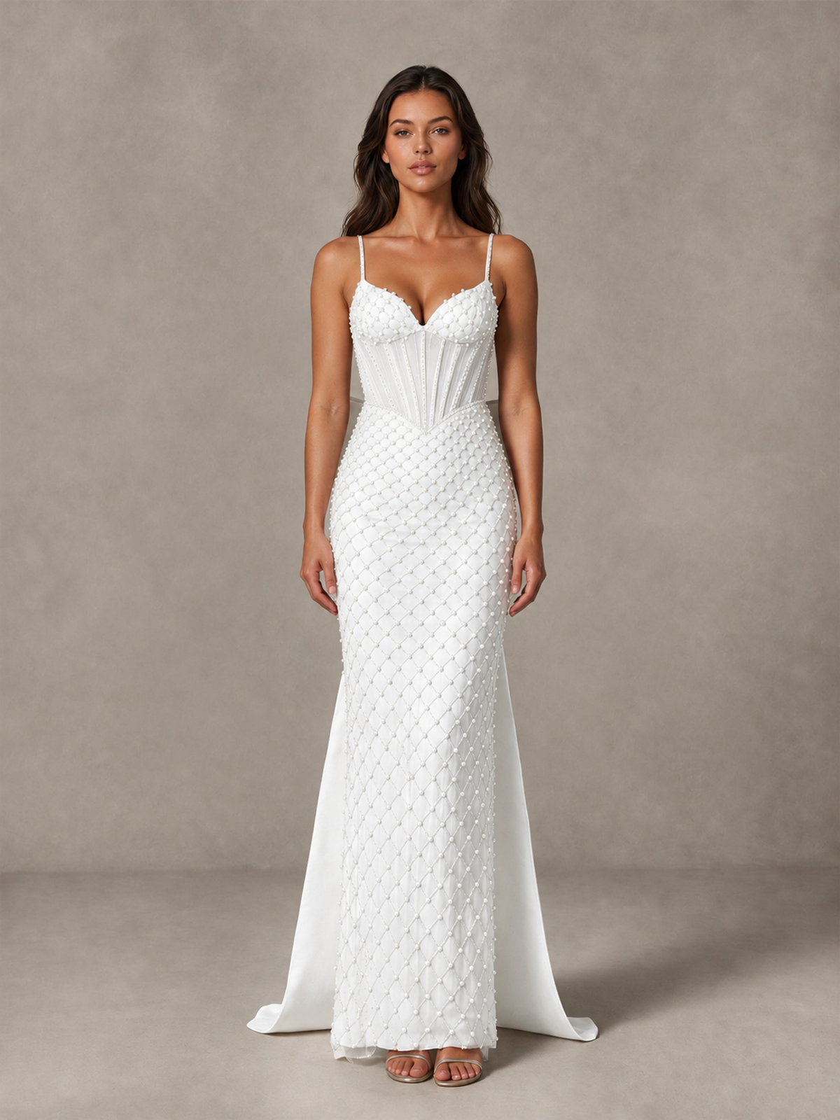 BOLODOO White Beaded Corset Prom Dress with Bow Train - White - White_4