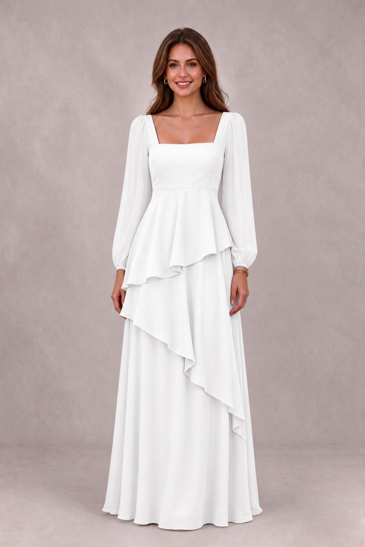 BOLODOO White Long Sleeve Ruffle Bridesmaid Dresses - White - White_4