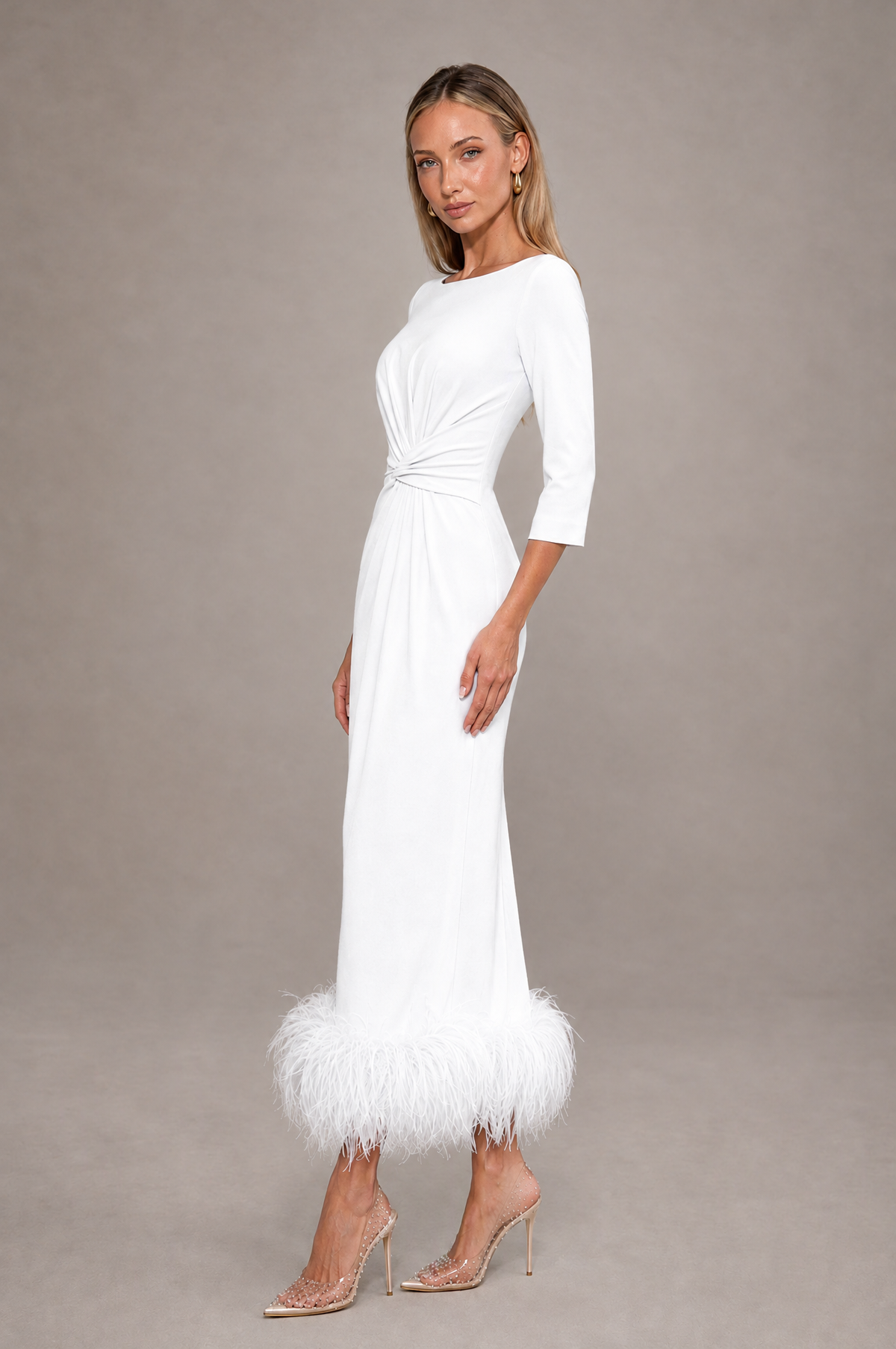 BOLODOO White Feather-Trim Twist-Waist Midi Dress - White - White_4