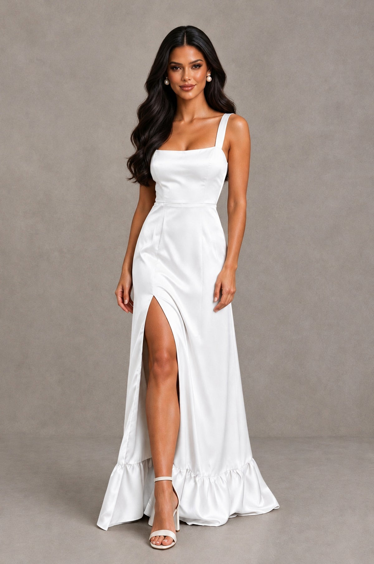 BOLODOO White Square Neck Satin Evening Dress with Lace-Up Back and High Slit - White - White_4