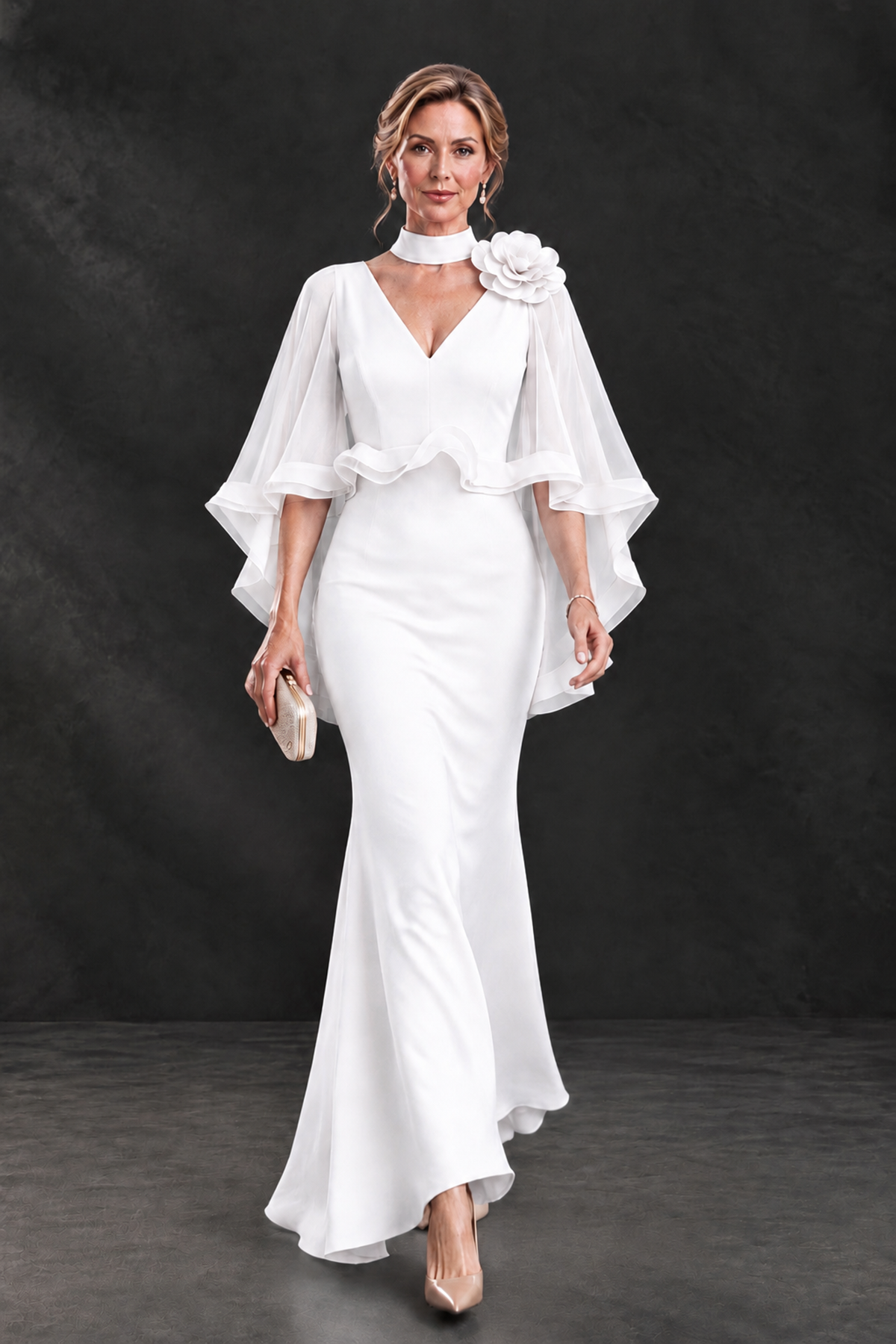 BOLODOO White Floral Cape Sleeve Mother of the Bride Dress - White - White_4