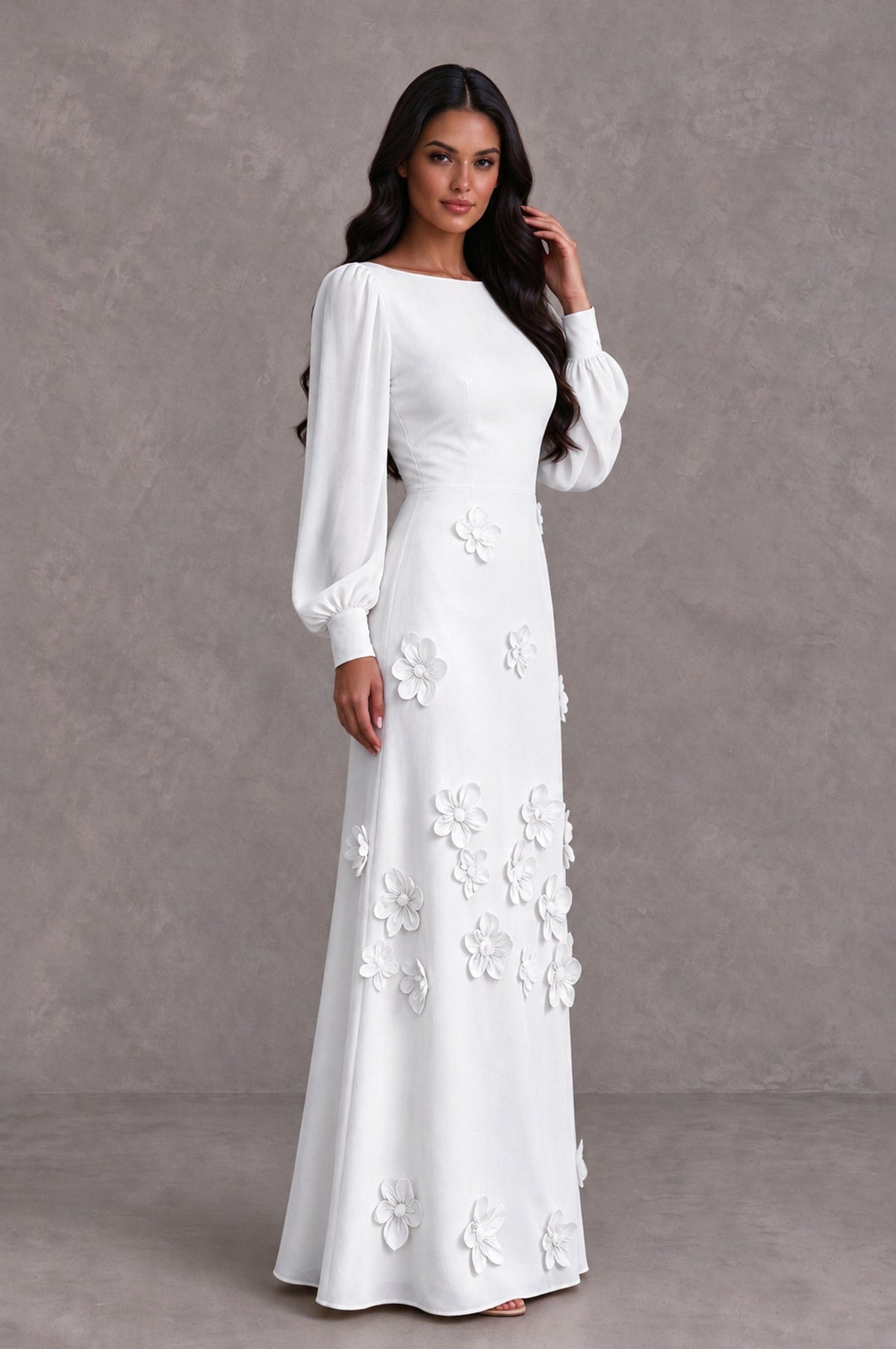 BOLODOO White Long Sleeve Floral Applique A-Line Evening Dress - White - White_4