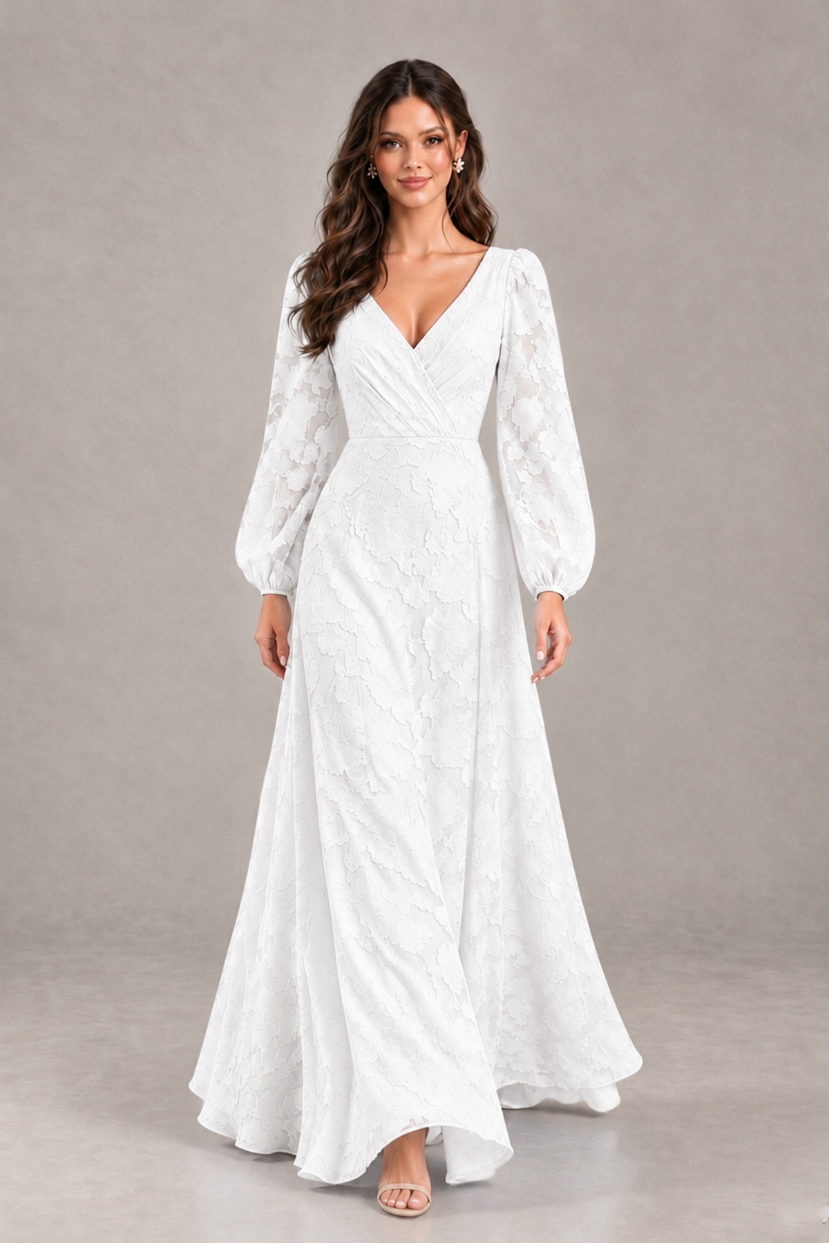 BOLODOO White Long Sleeve V-Neck A-Line Mother of the Bride Dress - White - White_4