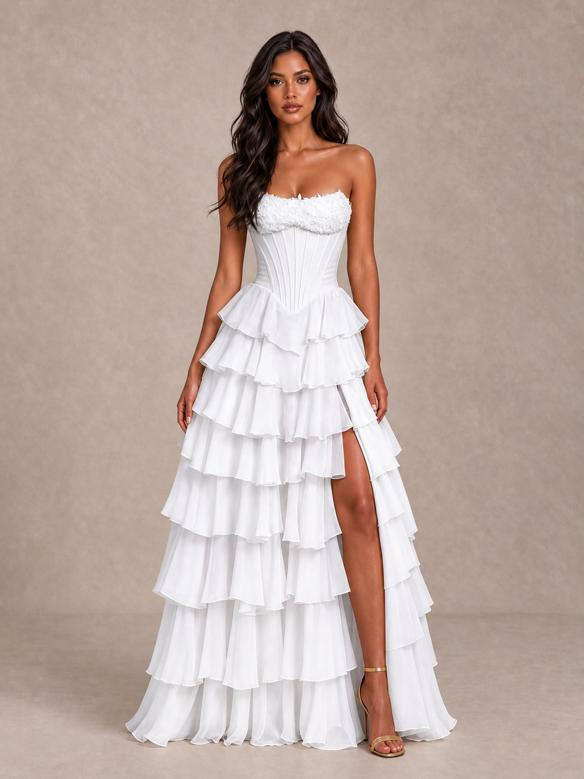 BOLODOO White Strapless Corset Tiered Ruffle Prom Dress with High Slit - White - White_4
