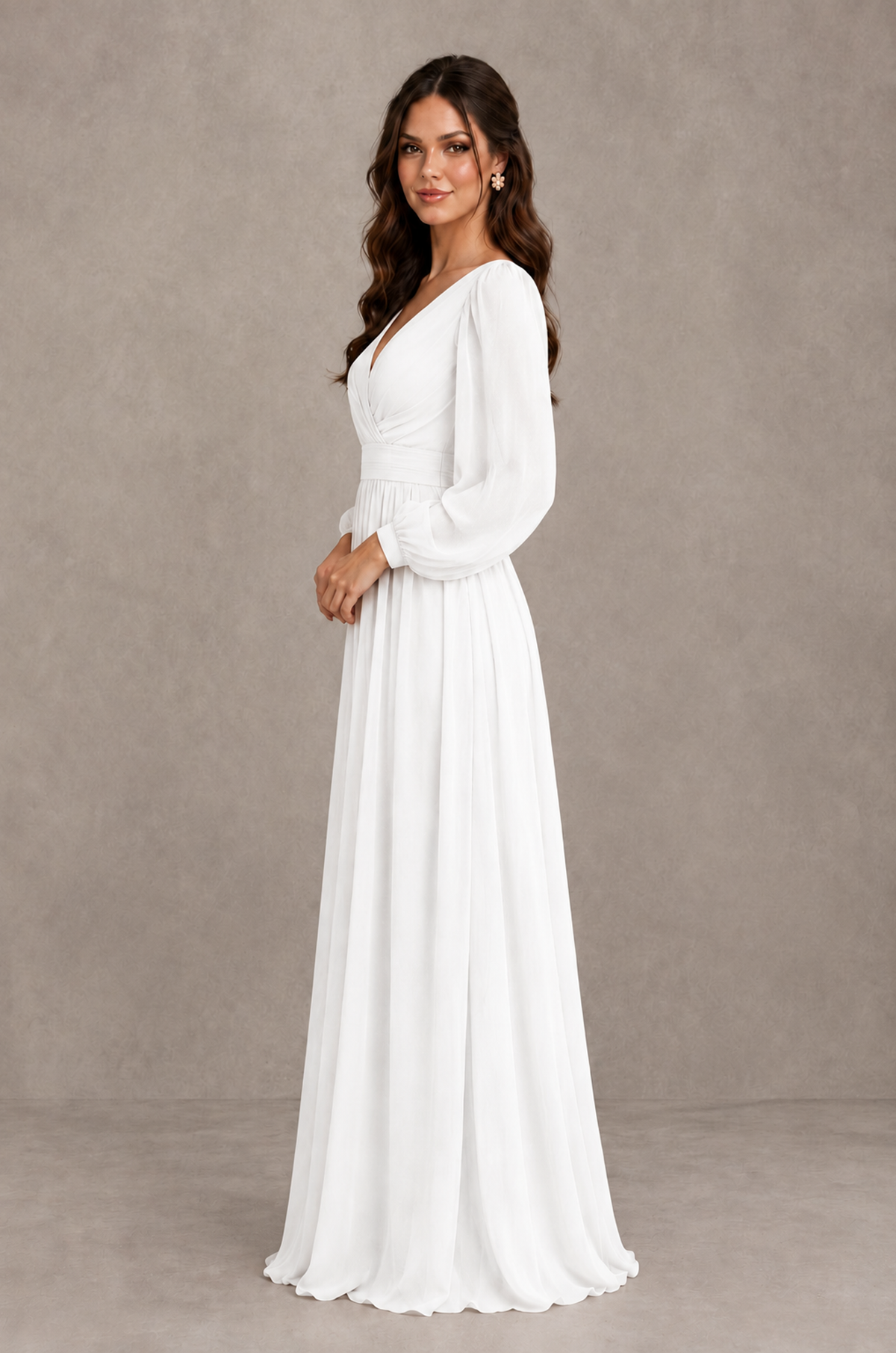 BOLODOO White Long Sleeve V-Neck A-Line Bridesmaid Dress - White - White_4