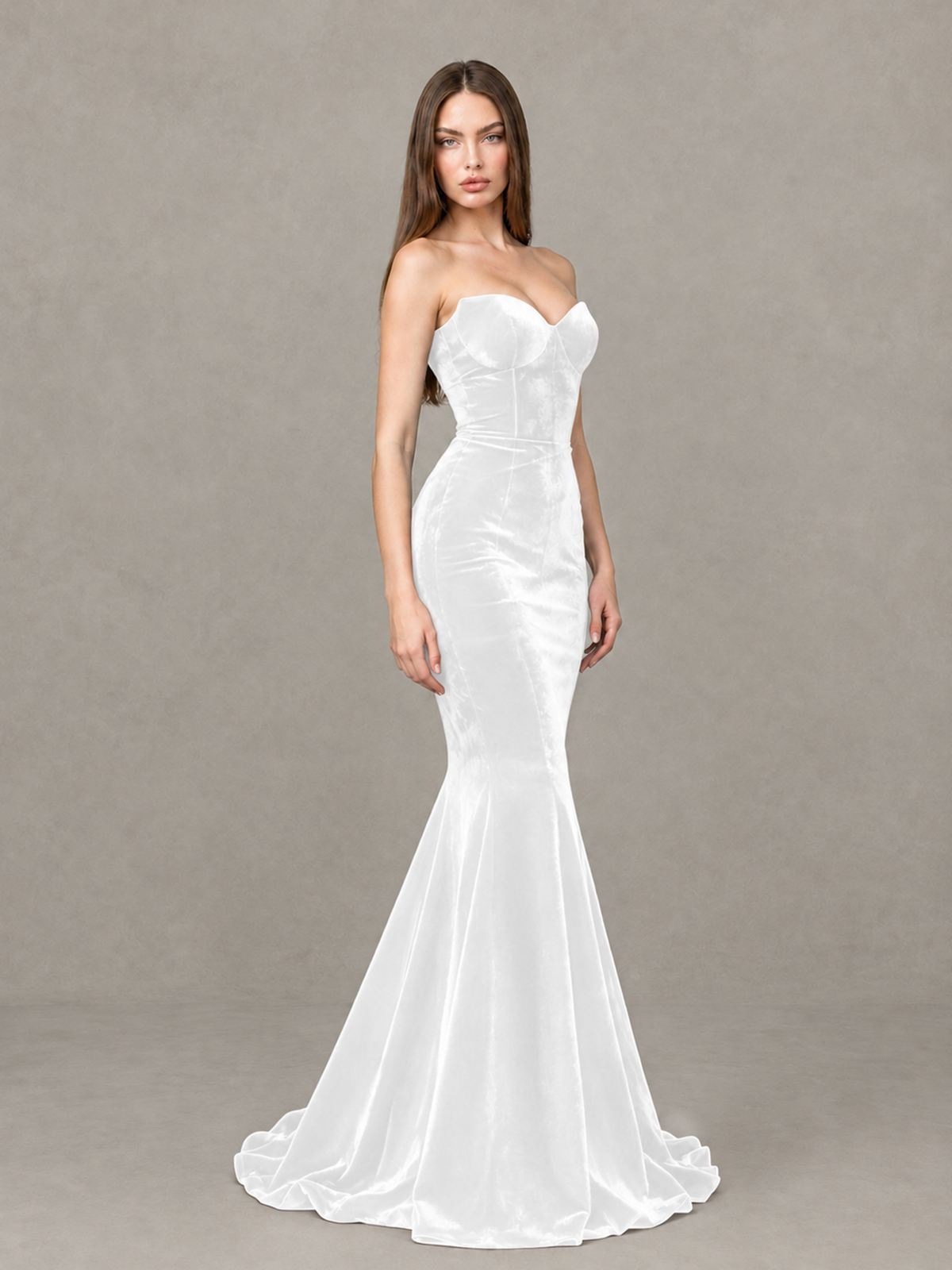 BOLODOO White Strapless Sweetheart Velvet-Look Mermaid Evening Dress - White - White_4