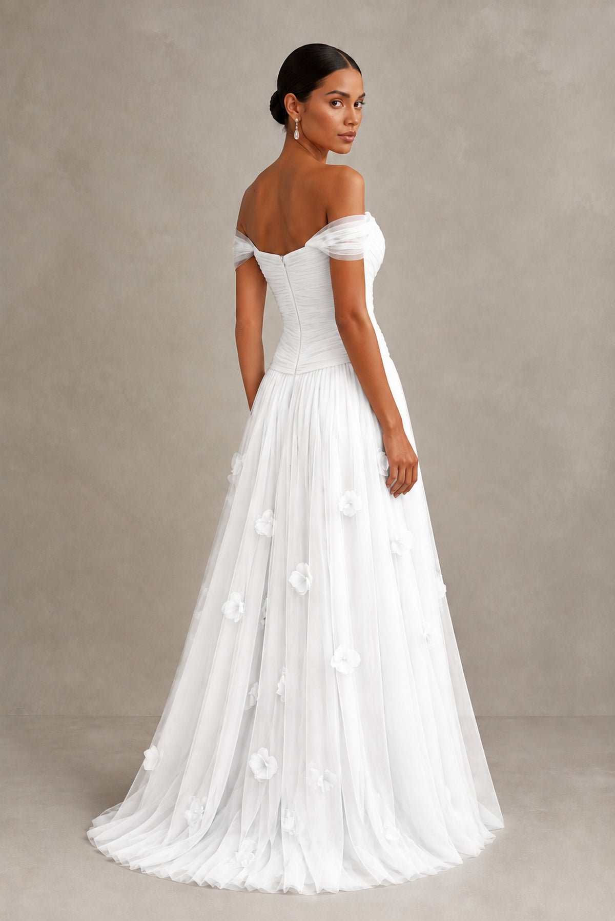 White Off-Shoulder Sweetheart A-Line Tulle Gown with 3D Floral Appliques | BOLODOO - White