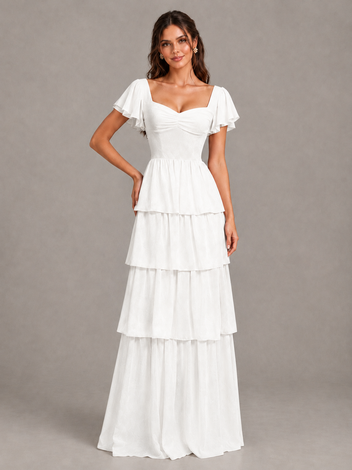 BOLODOO White Flutter Sleeve Tiered Maxi Bridesmaid Dress - White - White_4