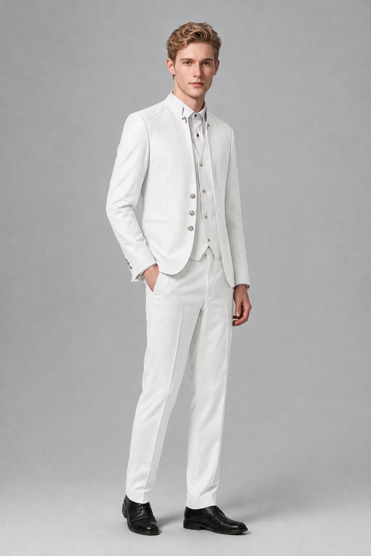 Bolodoo Men's White Mandarin Collar 3-Piece Suit – Jacket, Vest & Trousers - White - White_4