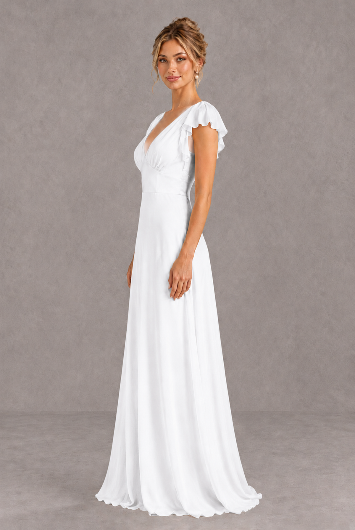 BOLODOO White V-Neck Flutter Sleeve A-Line Bridesmaid Dress - White - White_4