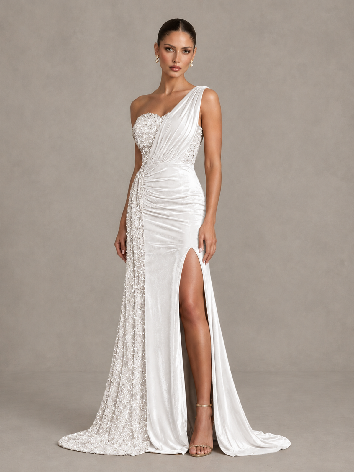 BOLODOO White One-Shoulder Satin Sequin Gown with High Slit - White - White_4