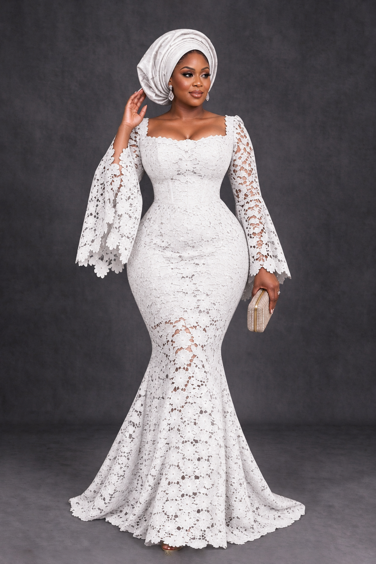 BOLODOO White African Lace Mermaid Dress, Plus Size Nigerian Wedding Guest Gown with Bell Sleeves - White - White_4
