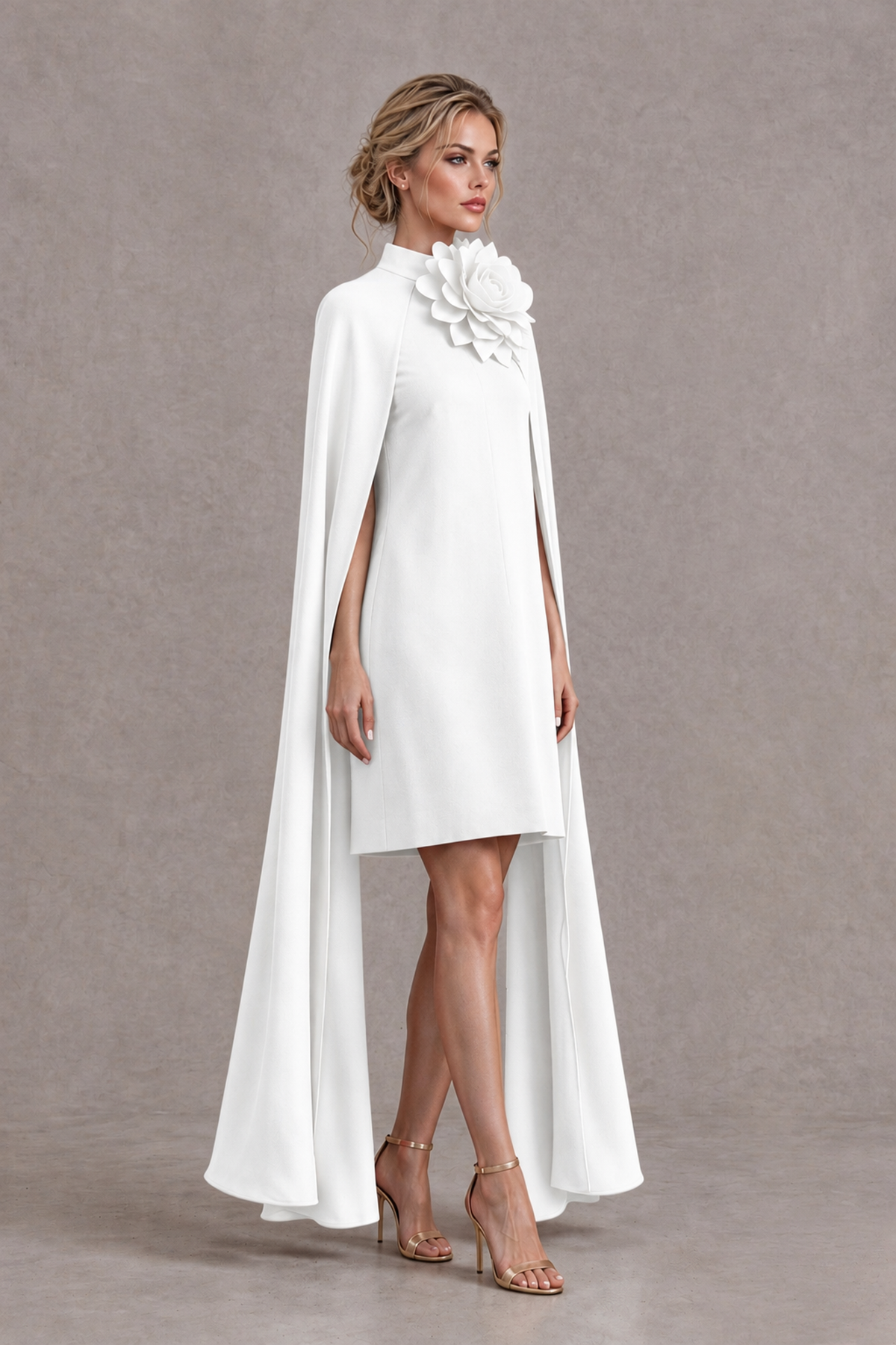 BOLODOO White High Neck Floral Cape Mini Cocktail Dress - White - White_4
