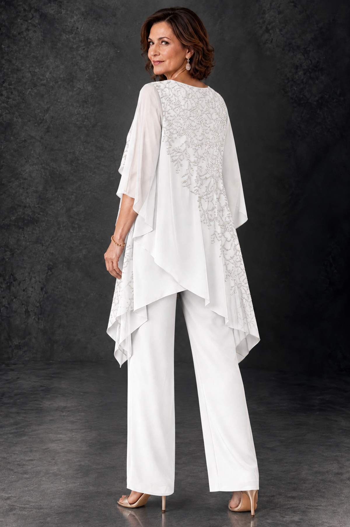 BOLODOO White Embellished Cape Pant Suit for Mother of the Bride - White - White_4