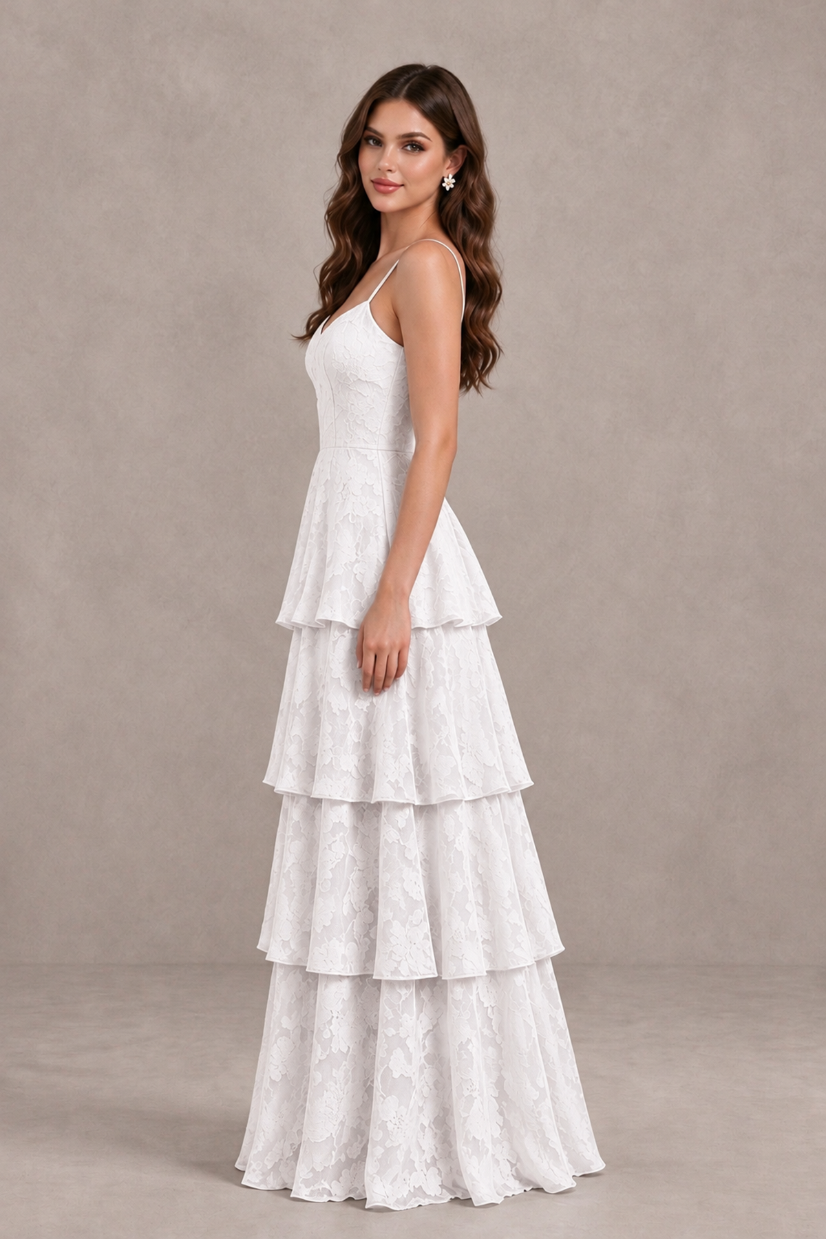 BOLODOO White Tiered Floral-Textured Spaghetti Strap Maxi Dress - White - White_4