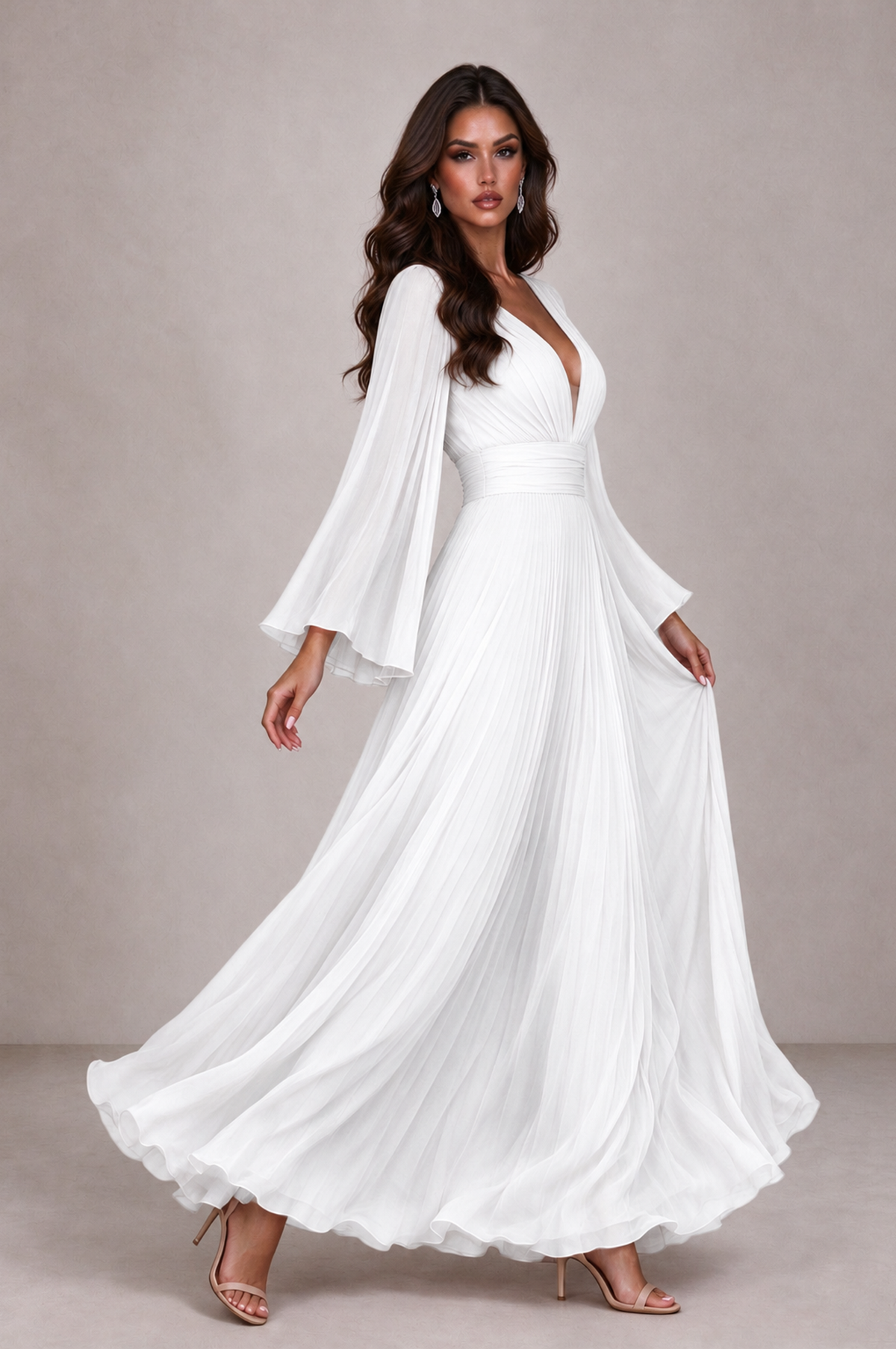 BOLODOO White Pleated Deep V-Neck Long Bell Sleeve Evening Dress - White - White_4