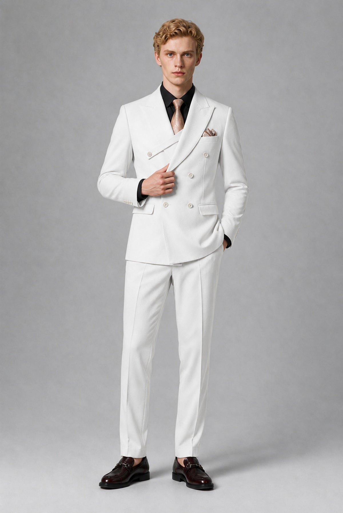 BOLODOO Men's White Double-Breasted Two-Piece Suit – Jacket & Trousers - White