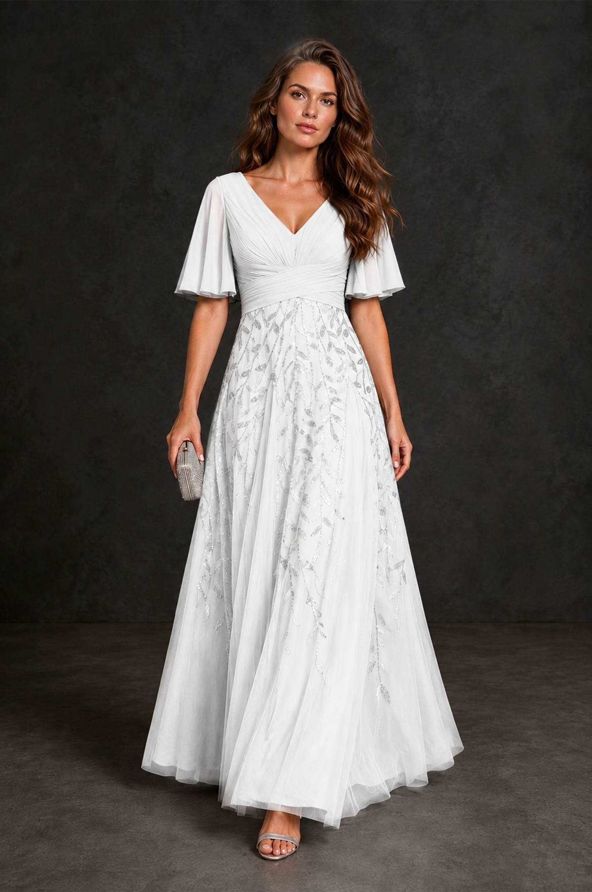 BOLODOO White V-Neck Flutter Sleeve Beaded Botanical Tulle A-Line Gown | Mother of the Bride Evening Dress - White - White_4