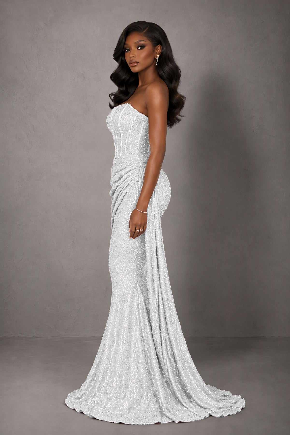 BOLODOO White Sequin Strapless Corset Mermaid Evening Gown with Train - White