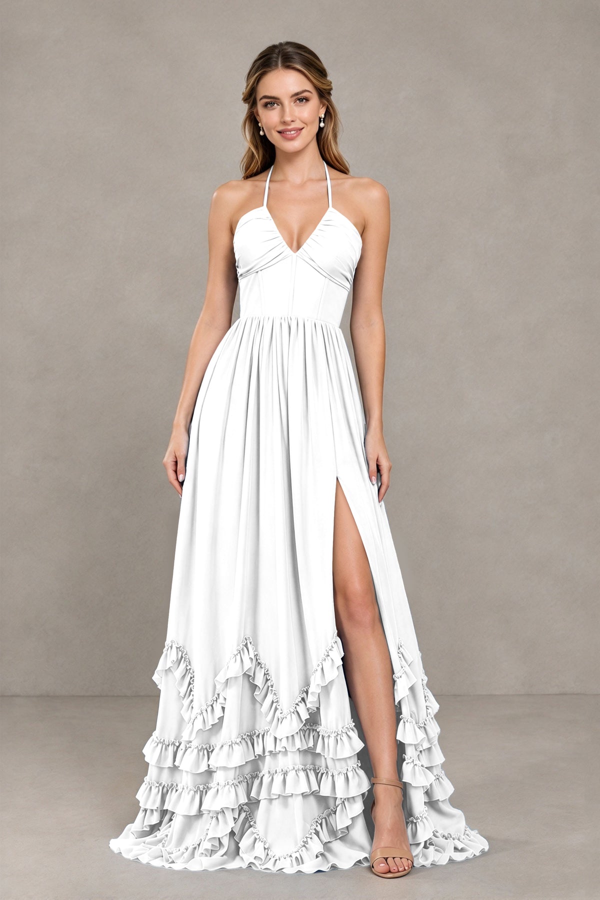 BOLODOO White Halter Ruffle Hem A-Line Bridesmaid Dress with High Slit - White - White(4)