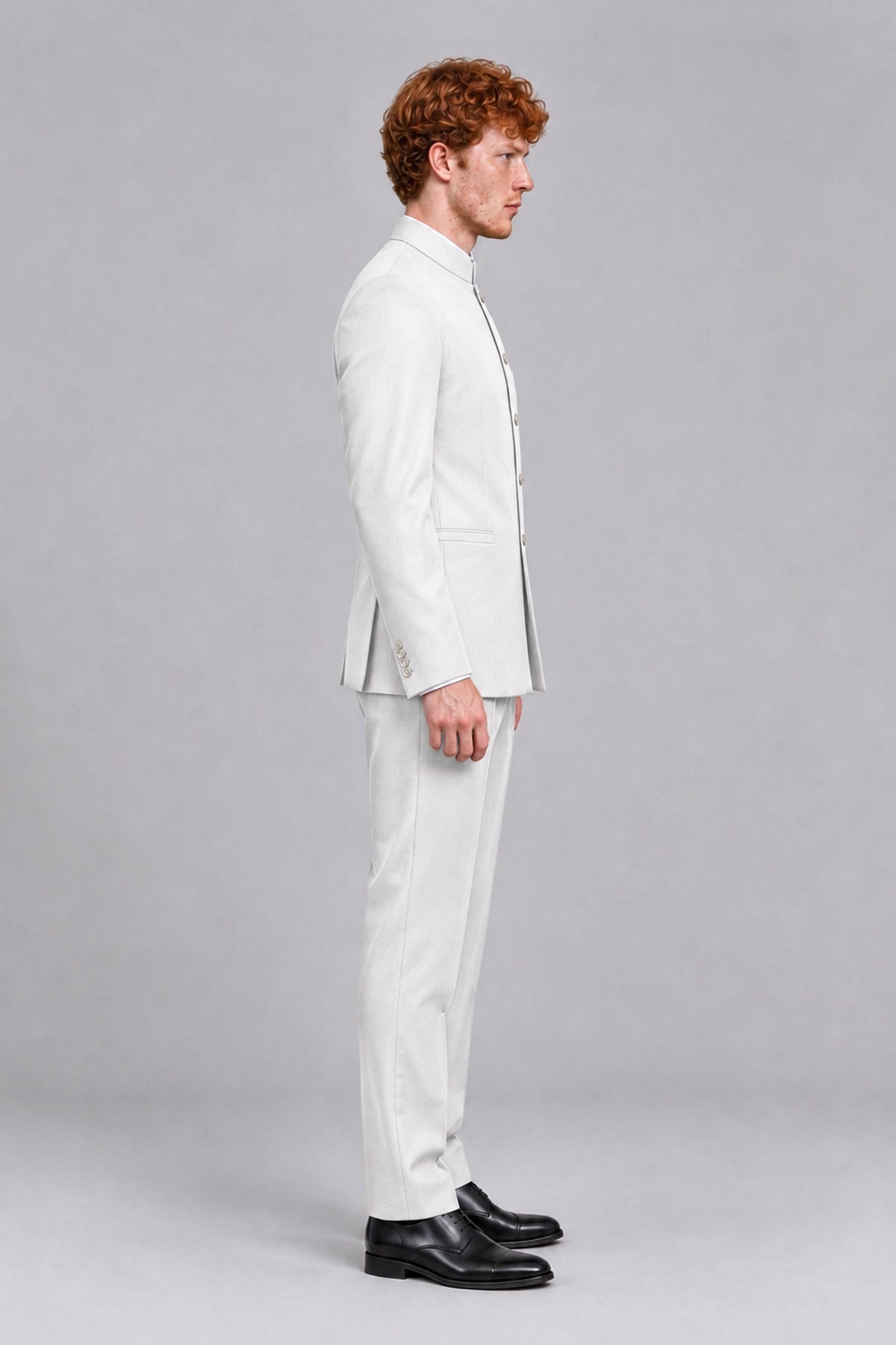 BOLODOO Men's White Mandarin Collar Two-Piece Suit - White - White_4