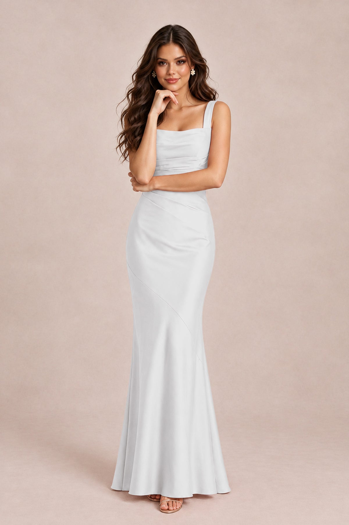 BOLODOO White Square Neck Ruched Satin Lace-Up Bridesmaid Dress - White - White_4