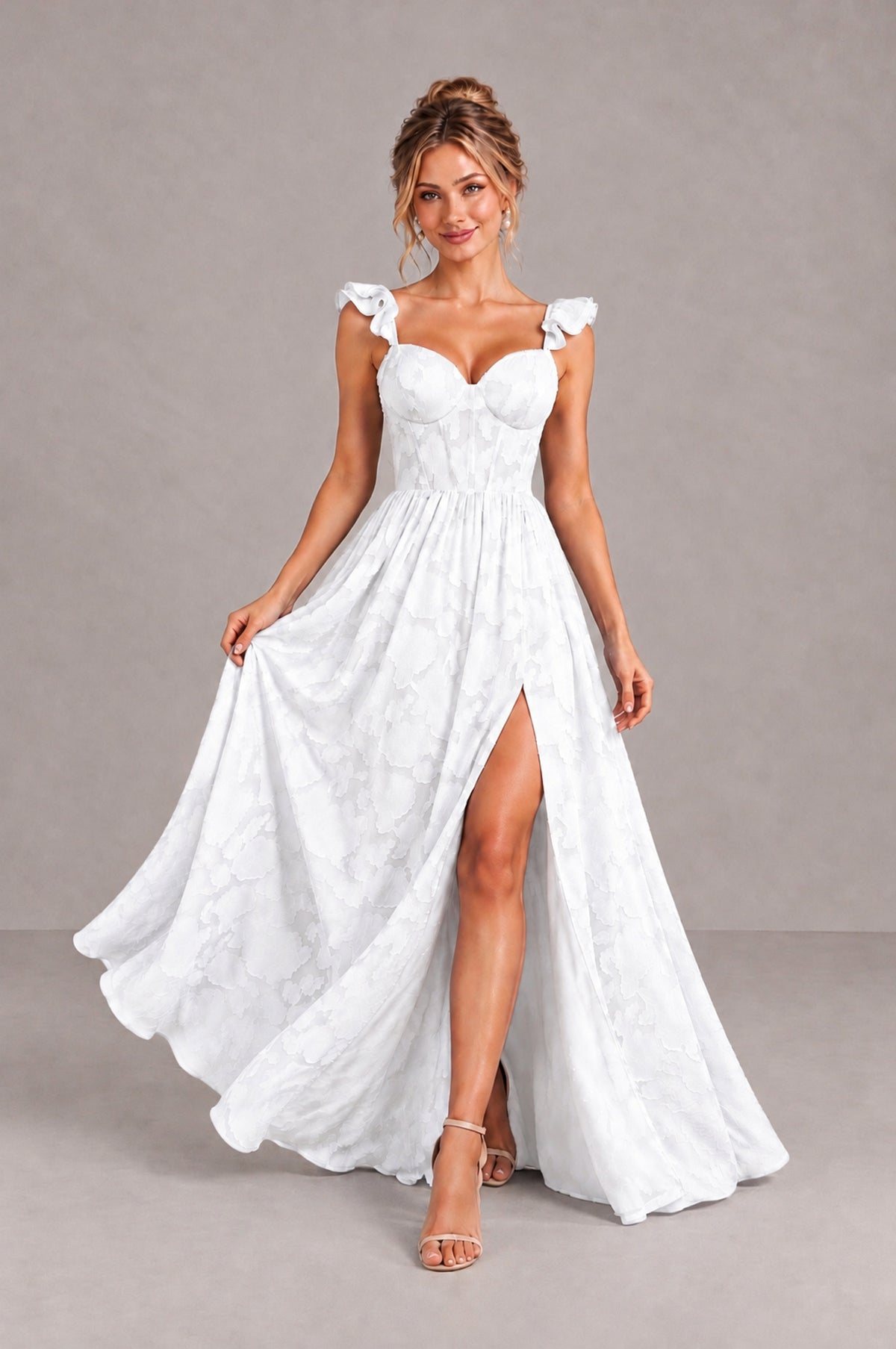 BOLODOO White Floral A-Line Bridesmaid Dress with Slit Ruffle Straps Maxi Gown - White - White_4