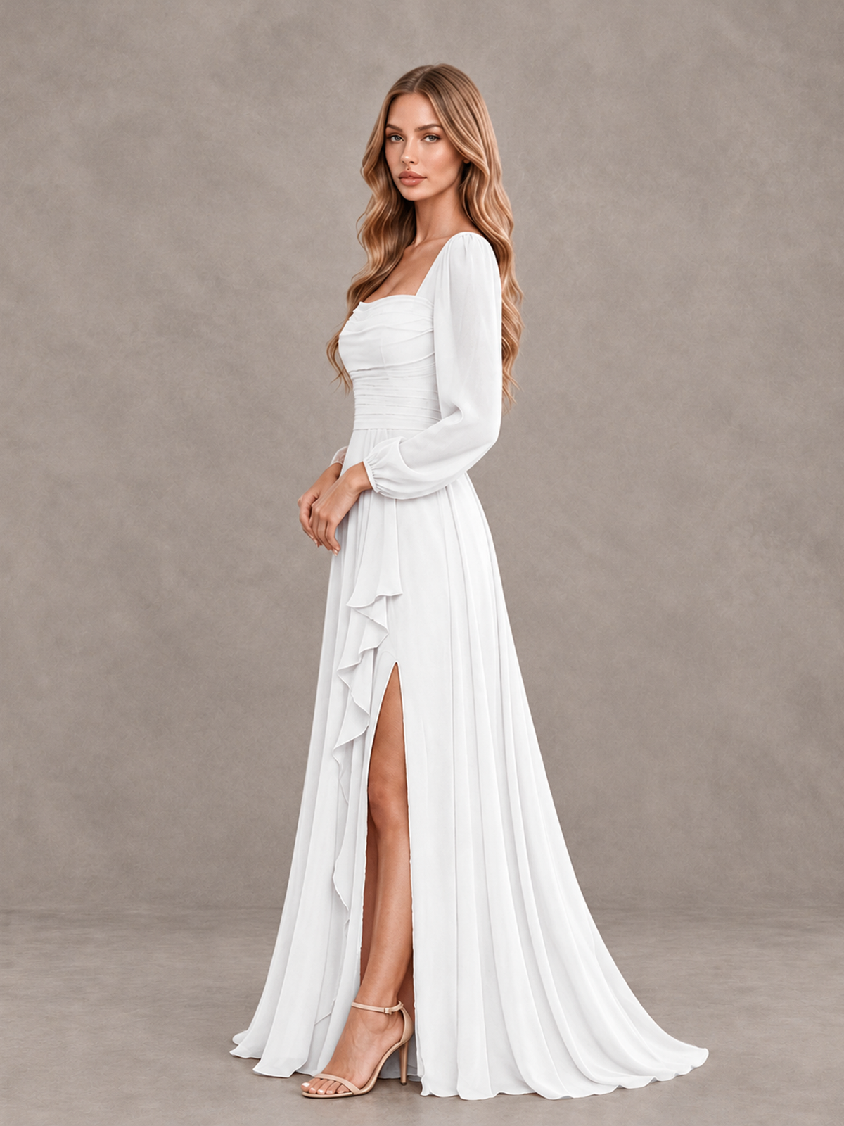 BOLODOO White Square Neck Long Sleeve Bridesmaid Dress with Ruffle Slit - White - White_4