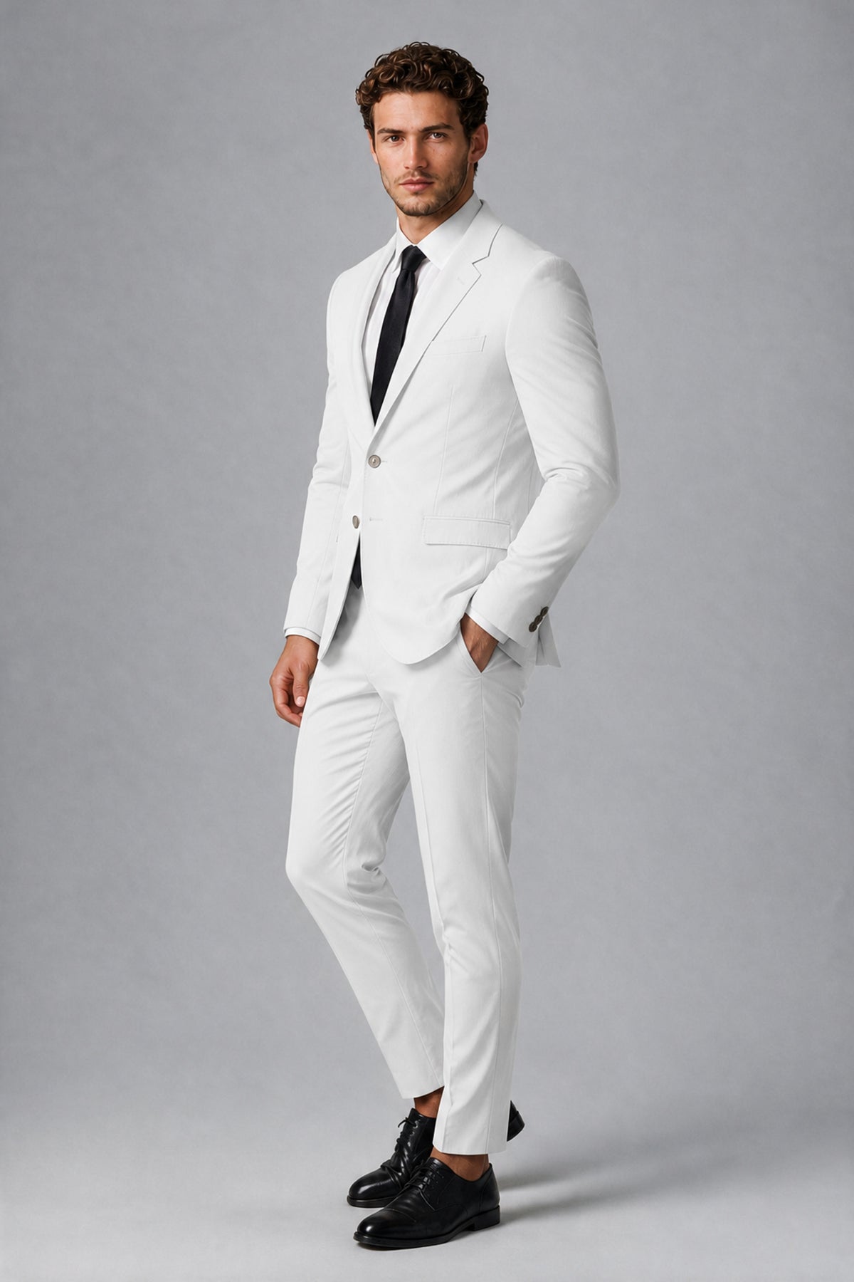 Bolodoo Men's White Two-Piece Suit with Notch-Lapel Jacket & Trousers - White - White_4