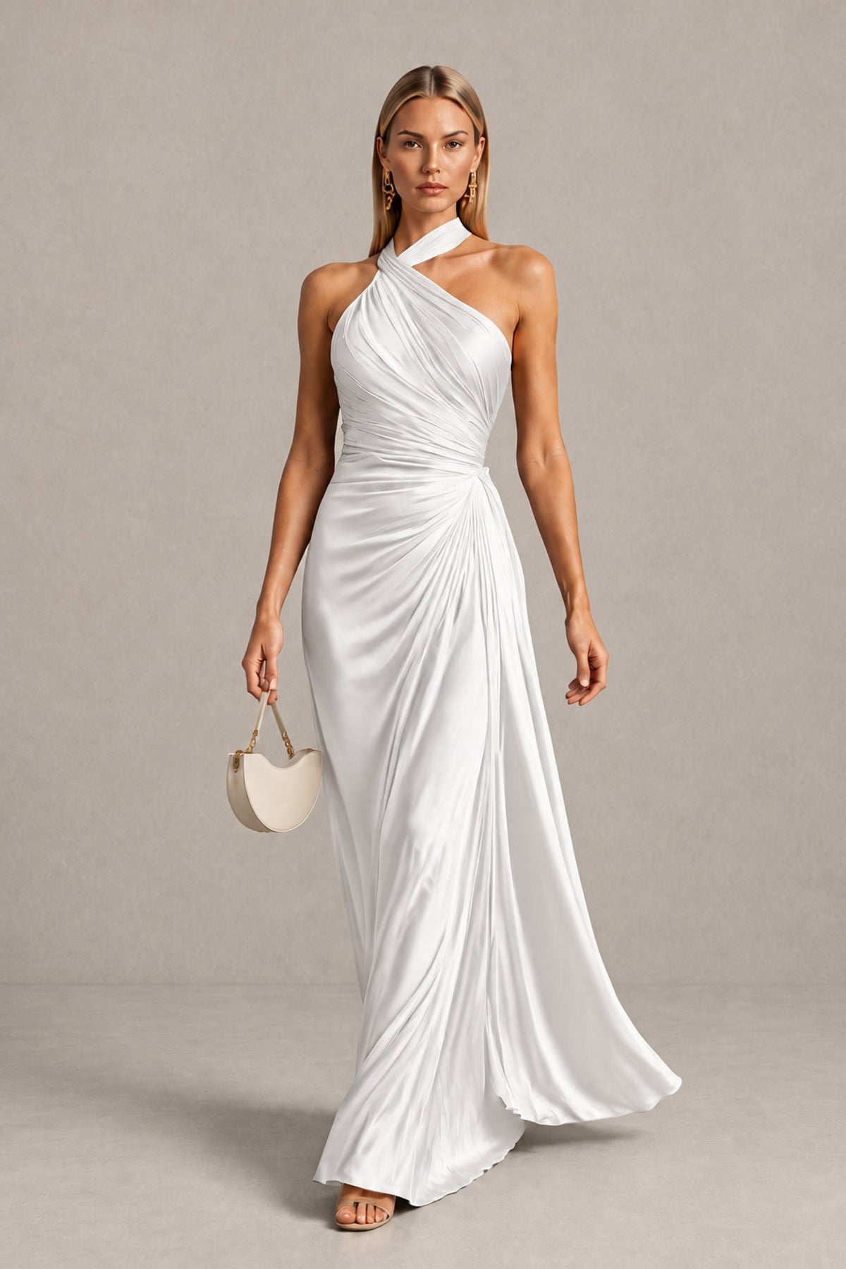 BOLODOO White Twisted Halter Neck Ruched Sleeveless Open Back Floor-Length Gown - White - White_4