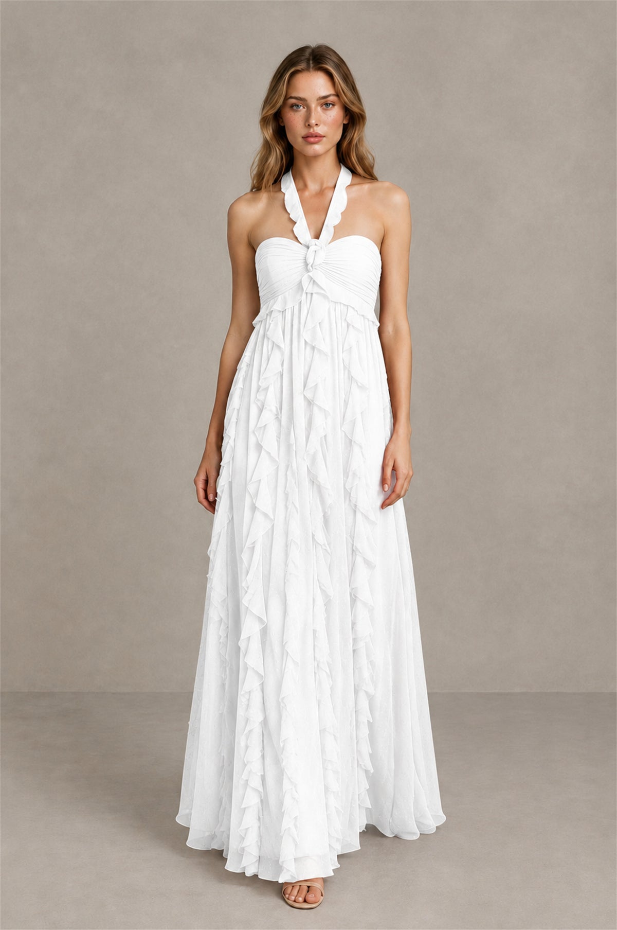 BOLODOO White Halter Ruffle A-Line Floor-Length Evening Dress - White - White_4