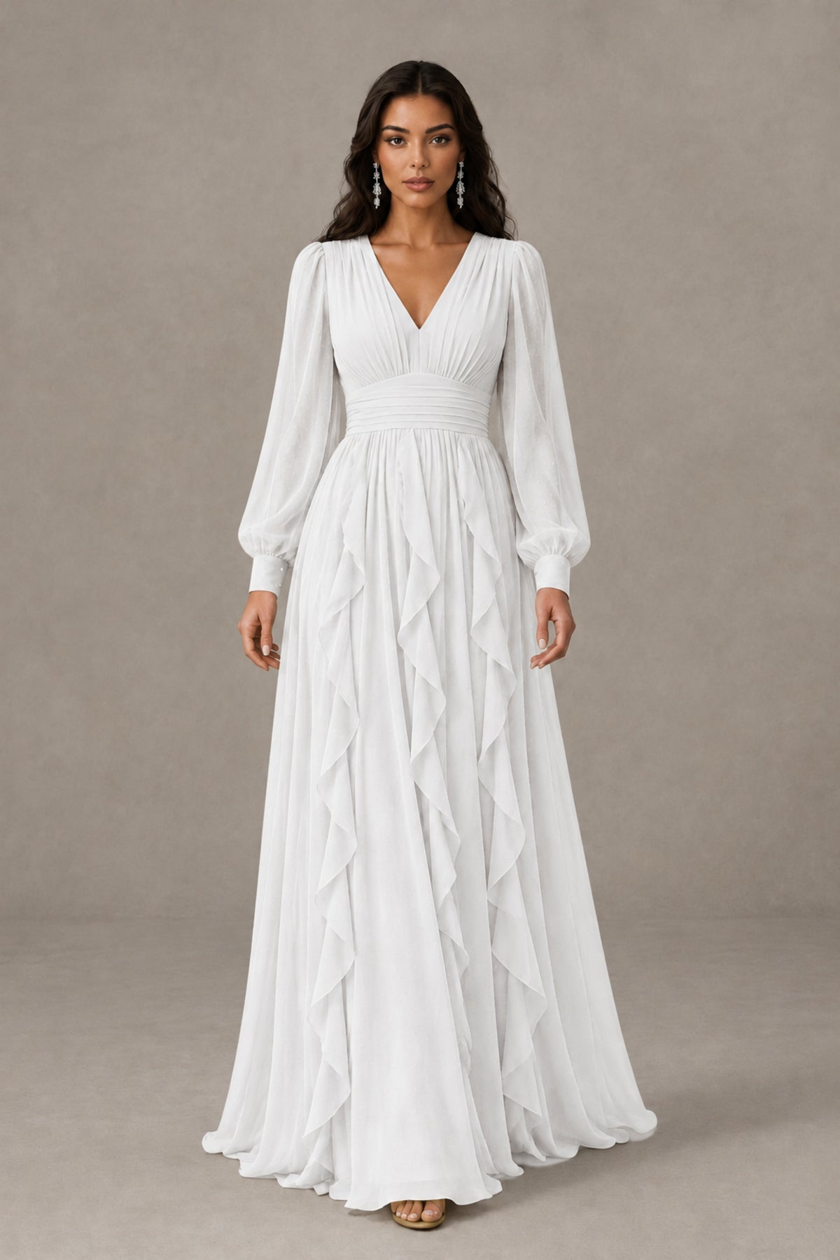 BOLODOO White Long Sleeve V-Neck Ruffle Maxi Dress - White