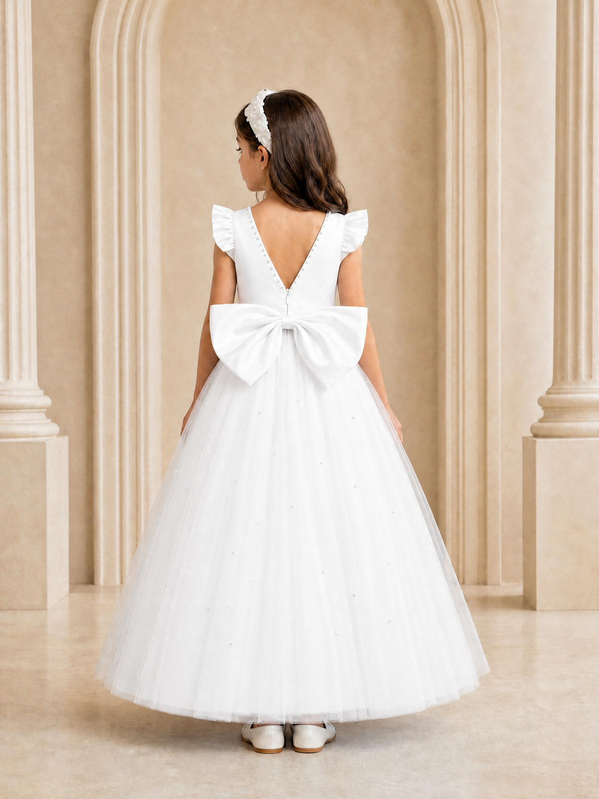 BOLODOO White Tulle Flower Girl Dress with Ruffle Sleeves & Bow Back - White - White_4