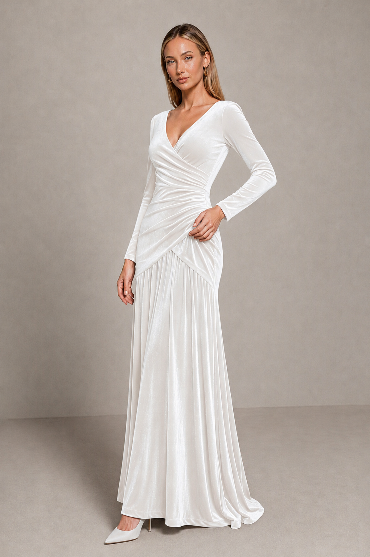 BOLODOO White Velvet Long Sleeve V-Neck Ruched Evening Dress - White - White_4