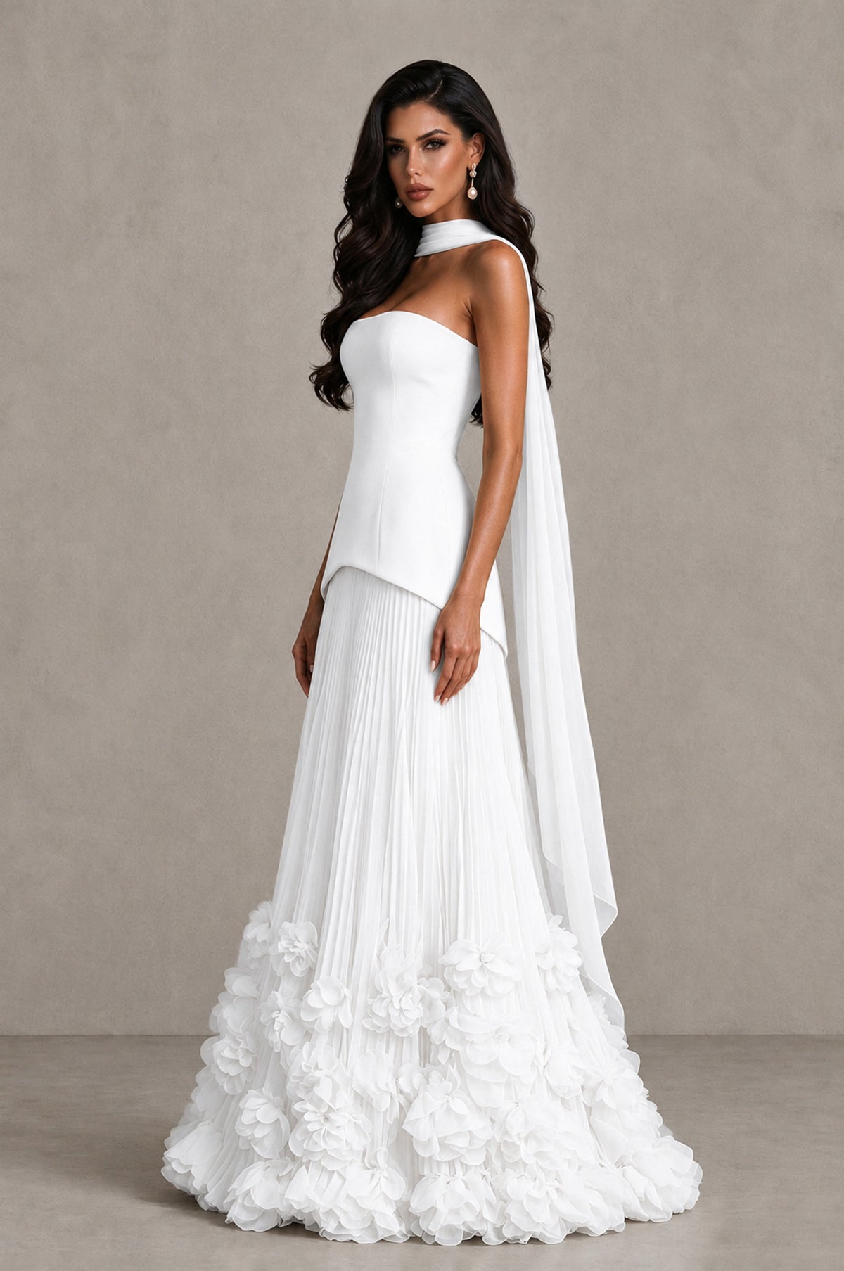BOLODOO White Strapless Pleated Floral Hem Evening Gown - White - White_4