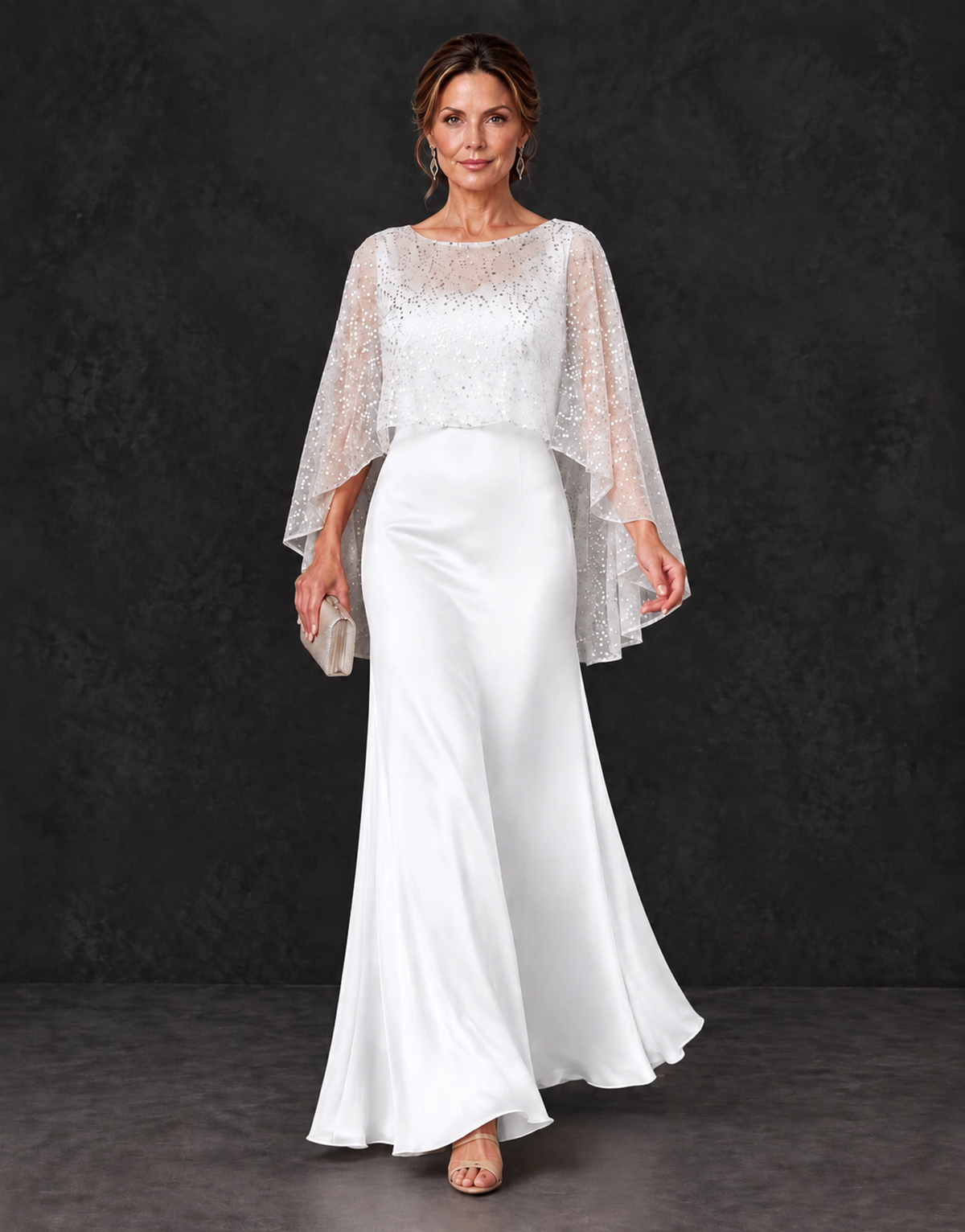 BOLODOO White Sparkle Cape Sleeve Mother of the Bride Dress - White - White_4