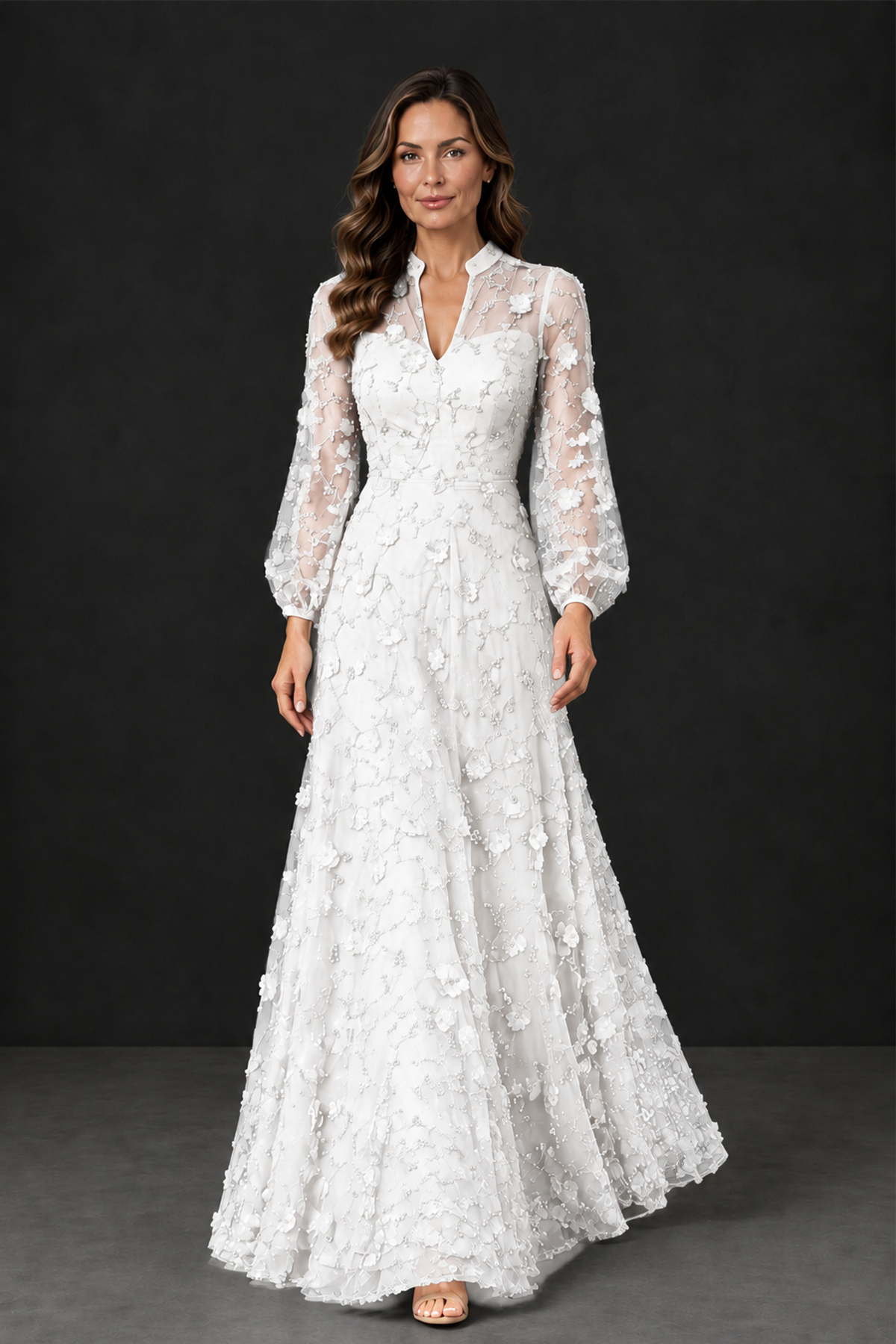BOLODOO White Long Sleeve Floral Mother of the Bride Dress - White - White_4